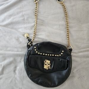 Rough Roses Black Studded Crossbody Bag Gold Chain Rose Crest